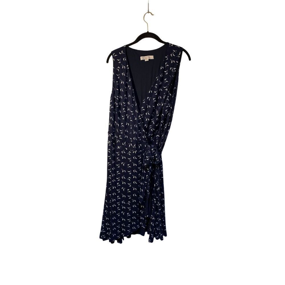 Loft women’s plus size navy blue leaf print, midi wrap dress, 16/18